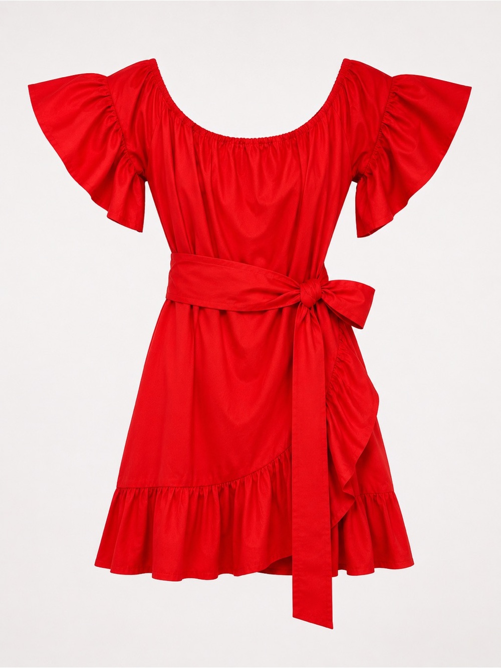 PrettyLittleThing Red Off-Shoulder Ruffle Tie-Waist Mini Dress